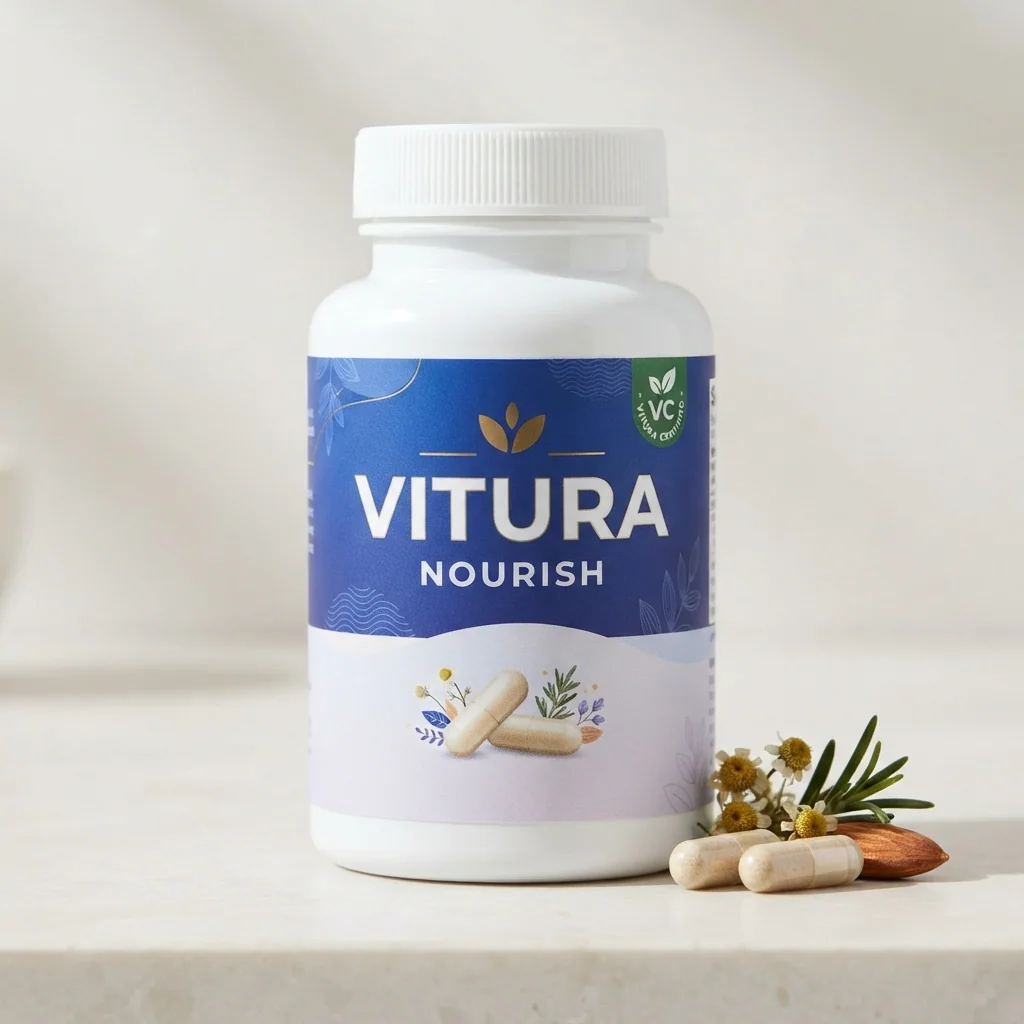 Vitura Nourish flaske med ingredienser