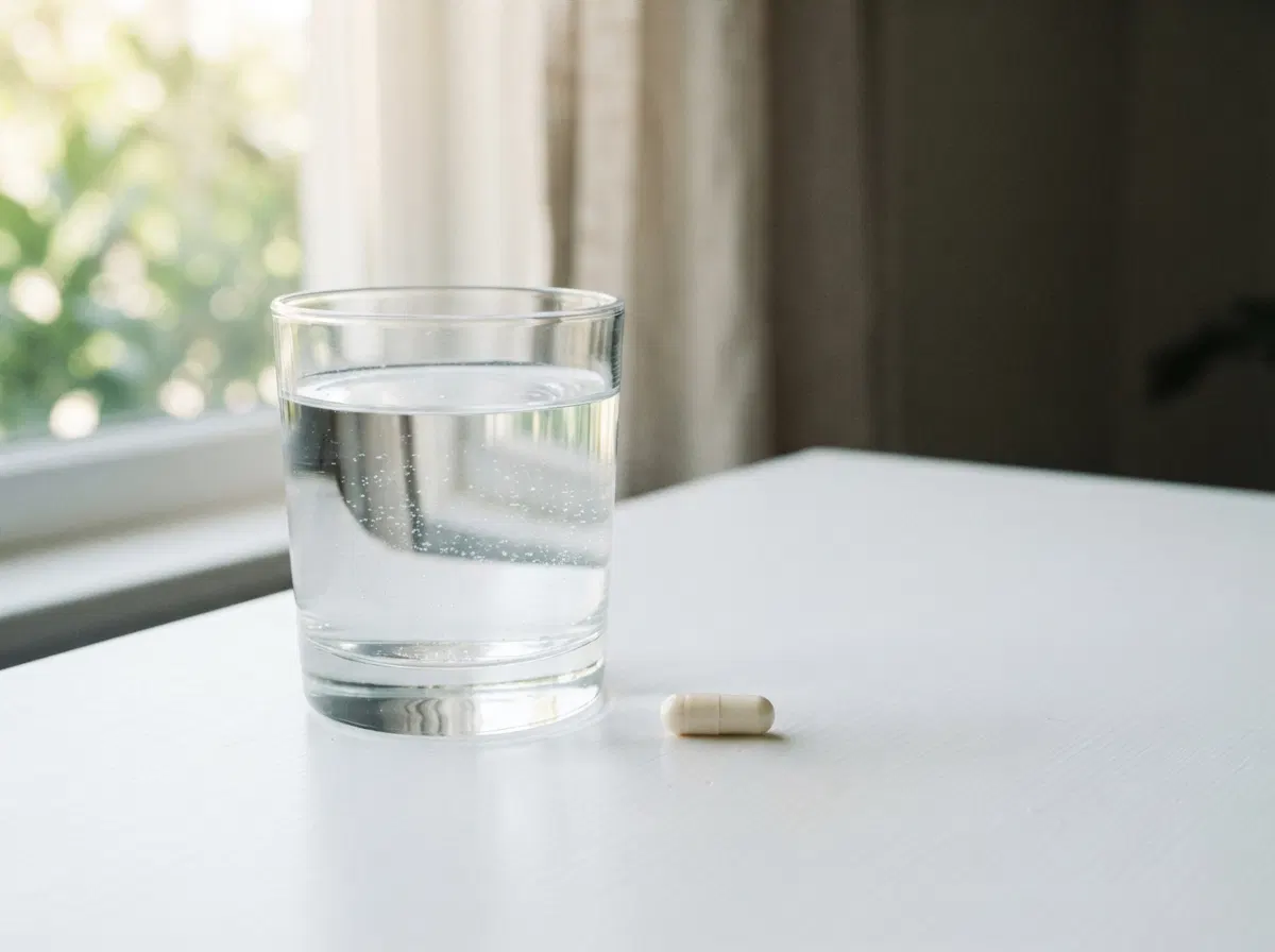 Glas vand og kapsel til daglig indtagelse